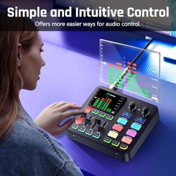 PUPGSIS Gaming Audio Mixer, Audio Interface with Pro-preamp, 48V Phantom Power, Bluetooth 5.3, RGB Lighting, PC Sound Board for Streaming, Podcasting, Recording, Content Creation