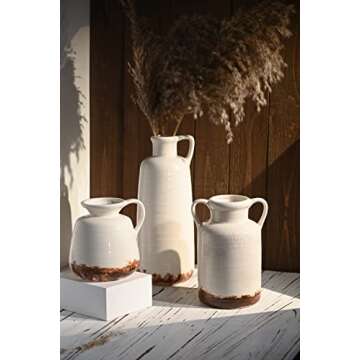 TERESA'S COLLECTIONS Rustic Ceramic Vase for Home Decor,White Farmhouse Jug Pottery Vases,Decorative Vases for Living Room,Shelf,Mental,Table,Centerpiece,Ideal Gifts for Mom,10"Christmas Vase Set of 3