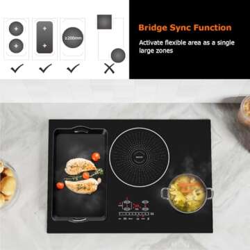 BIGoods 30 Inch Induction Hob Cooktop 4 Burners, Flat Glass Top Electric Stove with Bridge-SYNC, 3 Preset Modes Booster, Timer, Pause, Child Lock, Drop in, 208~240V/40A, Black