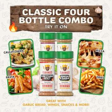 Flavor God Classic Combo Pack Of 4 Seasoning & Spices for Cooking, Everything, Everything Spicy, Garlic Lovers, Lemon & Garlic, Low Sodium, Healthy Herbs Keto Spice Set, Chicken, Beef, Seafood & Eggs