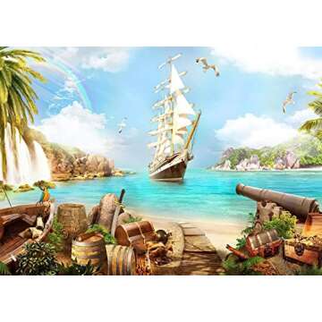 BELECO 7x5ft Fabric Beach Island Pirate Theme Backdrop Pirate Ship Treasure Chests Barrels Parrot Ocean Sailing Boat Mountain Waterfalls Pirates Background Pirate Theme Party Decorations Photo Props