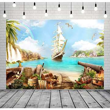 BELECO 7x5ft Fabric Beach Island Pirate Theme Backdrop Pirate Ship Treasure Chests Barrels Parrot Ocean Sailing Boat Mountain Waterfalls Pirates Background Pirate Theme Party Decorations Photo Props