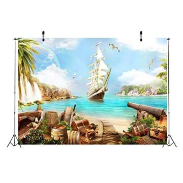 BELECO 7x5ft Fabric Beach Island Pirate Theme Backdrop Pirate Ship Treasure Chests Barrels Parrot Ocean Sailing Boat Mountain Waterfalls Pirates Background Pirate Theme Party Decorations Photo Props