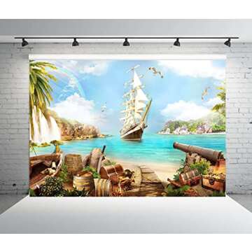 BELECO 7x5ft Fabric Beach Island Pirate Theme Backdrop Pirate Ship Treasure Chests Barrels Parrot Ocean Sailing Boat Mountain Waterfalls Pirates Background Pirate Theme Party Decorations Photo Props