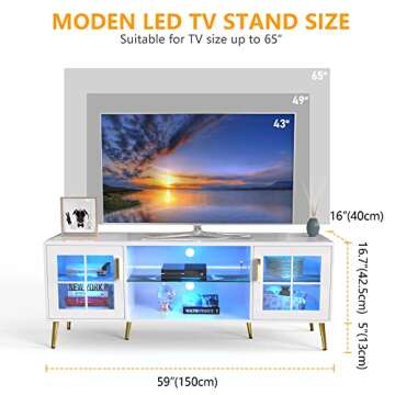 LVSOMT Modern TV Stand White with 3 Color LED Lights, TV & Media Furniture for Living Room, Media Table with Storage, Entertainment Stand for 65 inch (Pearl White)