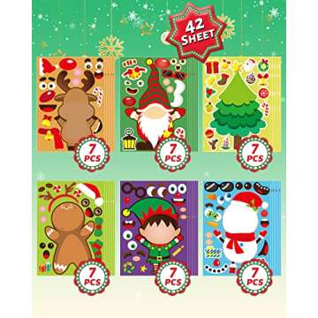 42 Sheets Christmas Party Favors Stickers, Christmas Crafts Make Your Own Sticker, Christmas Gifts for Classroom Student Stocking Stuffers Goodie Bag Christmas Activities Game Holiday Sticker for Kids