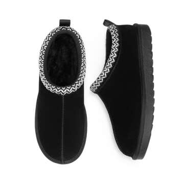 DREAM PAIRS Women's Fuzzy Cozy Slippers Genuine Suede Indoor Outdoor Fluffy Home Comfy Winter Slip On Cute Warm Memory Foam Furry Shoes FuzzyEasy,Size 9,Black,SDSL2412W