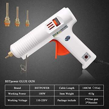 100W Hot Glue Gun with Three Interchangeable Nozzles, BSTPOWER 2T High Temp Heavy Duty Melt Glue Gun, Flexible Trigger Overheating Protection for DIY Small Craft Projects and Home Quick Repairs