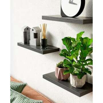 BAYKA Rustic Floating Wall Shelves, Set of 3 - 16in Black Wood Storage Solutions