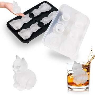 3D Cat Ice Cube Mold, Silicone Cat Shape Silicone Ice Cube Tray for Cocktail Whiskey Bourbon, Slow-Melting 4-Hole Reusable Large Fun Shapes Ice Molds, Funny Cat Gifts for Cat Lovers Women