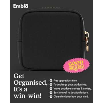 Embla Makeup Bag Travel Cosmetics Pouch and Toiletry Bag, Nylon Zipper Pouch Purse, Cute Make Up Organizer Storage Tote for Women Girls, Waterproof Travel Skincare Case, Small Makeup Bags, Black Noir