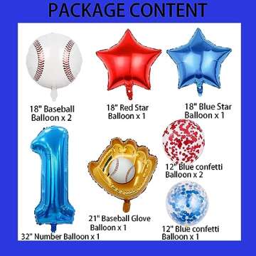 HADCKJA Baseball Balloons Baseball Birthday Party Supplies with 1st Balloon Baseball Glove Balloon Red Blue Star Red Blue Confetti Balloon for Boy Shower Decorations Birthday Party Decorations 9Pcs