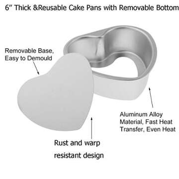 Good news Deep Heart Cake Pan with Removable Bottom 6",2 PCS Aluminum Push Pan Cheesecake Pan Chiffon Cake Mold for Oven Baking