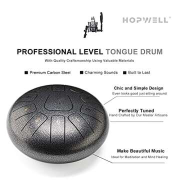 HOPWELL Steel Tongue Drum 12 Inches 11 Notes - Percussion Instruments - Hand Pan Drum with Drum Mallets and Carry Bag, C Major