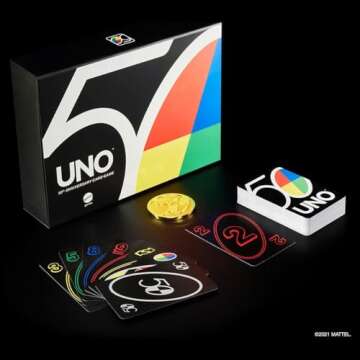 Mattel Games UNO Premium 50th Anniversary Edition Matching Card Game Featuring Commemorative Coin & 112 Cards, Game Night, Kids & Collectors Gift Ages 7 Years & Older.