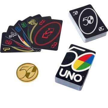 Mattel Games UNO Premium 50th Anniversary Edition Matching Card Game Featuring Commemorative Coin & 112 Cards, Game Night, Kids & Collectors Gift Ages 7 Years & Older.