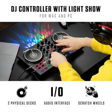 Beginner DJ Set - Numark DJ Controller and DJ Headphones plus M-Audio DJ Monitor Speakers with Serato DJ Lite and Party Lights