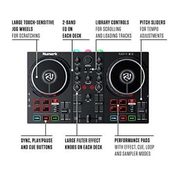 Beginner DJ Set - Numark DJ Controller and DJ Headphones plus M-Audio DJ Monitor Speakers with Serato DJ Lite and Party Lights