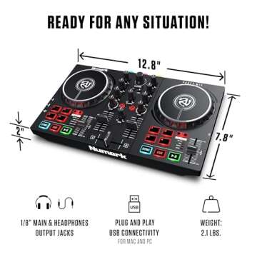 Beginner DJ Set - Numark DJ Controller and DJ Headphones plus M-Audio DJ Monitor Speakers with Serato DJ Lite and Party Lights