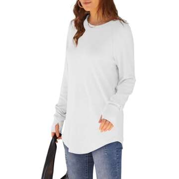 XIEERDUO Tunics or Tops to Wear with Leggings White Long Sleeve Shirts for Women Loose Fit L