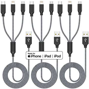 Multiple Charger Cable 3Pack 4FT Multi Charging Cable Rapid Nylon Braided Cord USB Charging Cable 3 in 1 Multi Phone Charger Cord with Type C Micro Lightning USB Connectors for Cell Phones