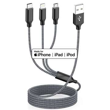 Multiple Charger Cable 3Pack 4FT Multi Charging Cable Rapid Nylon Braided Cord USB Charging Cable 3 in 1 Multi Phone Charger Cord with Type C Micro Lightning USB Connectors for Cell Phones