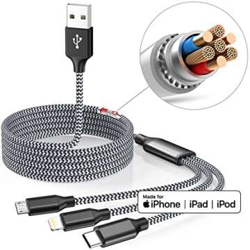 Multiple Charger Cable 3Pack 4FT Multi Charging Cable Rapid Nylon Braided Cord USB Charging Cable 3 in 1 Multi Phone Charger Cord with Type C Micro Lightning USB Connectors for Cell Phones