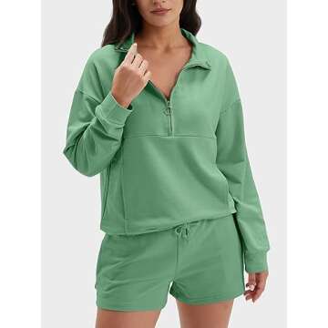 DEEP SELF Sweat Sets for Women 2 Piece Shorts Outfits Oversized Zipped Long Sleeve Sweatsuits Sets Casual Long Sleeve Sweatshirt and Shorts Set