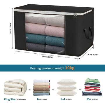 Large Storage Bags, 8 Pack Clothes Storage Bins Foldable Closet Organizers Storage Containers with Durable Handles Thick Fabric for Blanket Comforter Clothing Bedding 90L (Black)