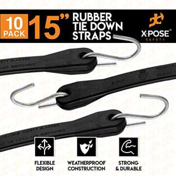 Rubber Bungee Cords with Hooks 10 Pack 15 Inch (23” Max Stretch) - Heavy-Duty Black Tie Down Straps for Outdoor, Tarp Covers, Canvas Canopies, Motorcycle, and Cargo - by Xpose Safety