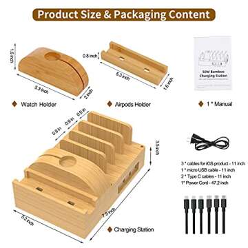 Bamboo Charging Station for Multiple Devices, Alltripal Wood Desktop Docking Station 7-Port Multi-Charger Organizer Fast USB Charger Compatible with iPhone, iPad, AirPods, iWatch, Cell Phone, Tablet