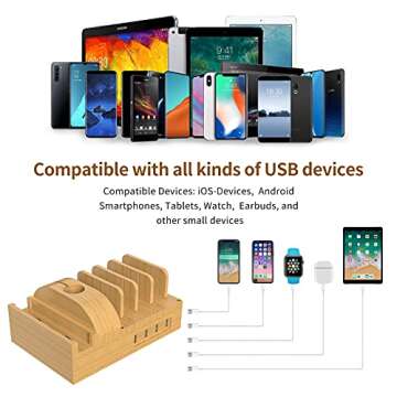 Bamboo Charging Station for Multiple Devices, Alltripal Wood Desktop Docking Station 7-Port Multi-Charger Organizer Fast USB Charger Compatible with iPhone, iPad, AirPods, iWatch, Cell Phone, Tablet