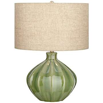 360 Lighting Gordy Modern Accent Table Lamp Handcrafted 20.5" High Ribbed Green Ceramic Oatmeal Fabric Drum Shade Decor for Living Room Bedroom House Bedside Nightstand Home (Color May Vary)