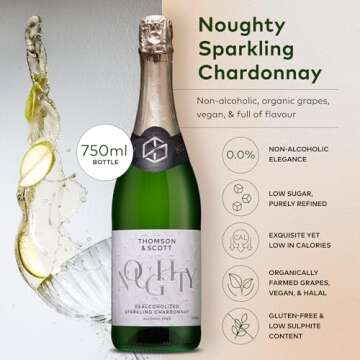 Thomson & Scott Noughty, Alcohol Free, Organic Sparkling Chardonnay, Non Alcoholic Sparkling White Wine, Low-Sugar, Halal Certified, Vegan, 1 Bottle, 750ml