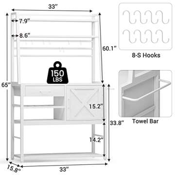 Itaar Baker's Rack, Coffee Bar Cabinet, Farmhouse Microwave Stand with Wine Rack, Storage Drawer and 8 Hooks, Bakers Racks for Kitchens with Storage, White