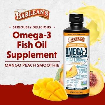 Barlean's Mango Peach Omega 3 Fish Oil Liquid Supplement with Vitamin D, 1080mg EPA & DHA Fatty Acid, Smoothie Flavored & Burpless for Brain, Joint, & Heart Health, 16 oz