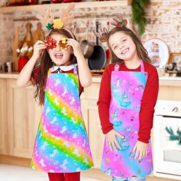 Sylfairy Aprons for Kids Girls Rainbow Unicorn Apron with Pockets for Children Kitchen Chef Aprons for Cooking Baking Painting and Party Family Gifts(Small,3-5Years)