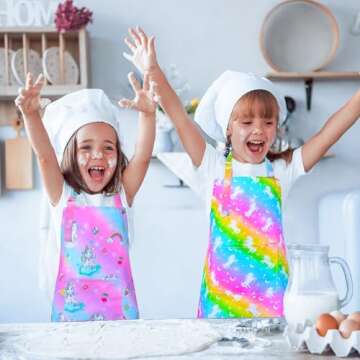 Sylfairy Aprons for Kids Girls Rainbow Unicorn Apron with Pockets for Children Kitchen Chef Aprons for Cooking Baking Painting and Party Family Gifts(Small,3-5Years)