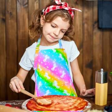 Sylfairy Aprons for Kids Girls Rainbow Unicorn Apron with Pockets for Children Kitchen Chef Aprons for Cooking Baking Painting and Party Family Gifts(Small,3-5Years)