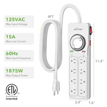 BN-LINK 8 Outlet Surge Protector with Mechanical Timer (4 Outlets Timed, 4 Outlets Always On) - White