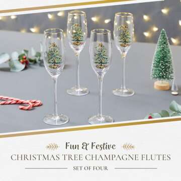 Spode Christmas Tree Gold 8.5oz Champagne Flutes (Set of 4) - Gold Rimmed Glasses, Festive Holiday Drinkware for Christmas Dinner, Wedding Gifts - Classic Holiday Glassware for Wine & Minosas