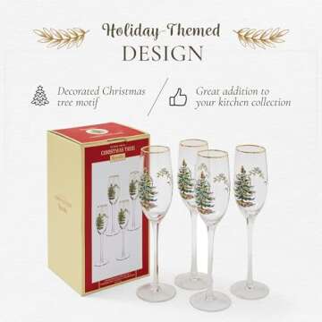 Spode Christmas Tree Gold 8.5oz Champagne Flutes (Set of 4) - Gold Rimmed Glasses, Festive Holiday Drinkware for Christmas Dinner, Wedding Gifts - Classic Holiday Glassware for Wine & Minosas