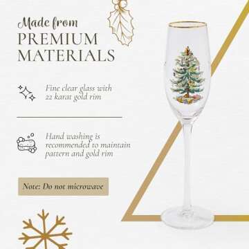 Spode Christmas Tree Gold 8.5oz Champagne Flutes (Set of 4) - Gold Rimmed Glasses, Festive Holiday Drinkware for Christmas Dinner, Wedding Gifts - Classic Holiday Glassware for Wine & Minosas