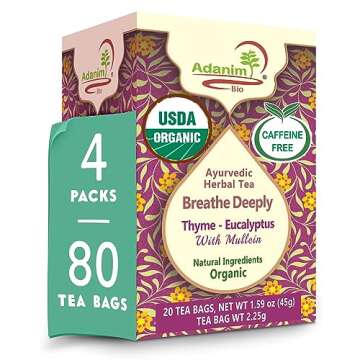 Adanim Bio Thyme Tea, Value Pack 80 Teabags with Organic Mullein Leaf and Eucalyptus Tea, Enhanced Respiratory and Lung Health, Caffeine Free Thyme Tea Bags