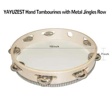 YAYUZEST Tambourine for Adults Hand Held Tambourine Drum, Wooden Tambourine Metal Jingles Percussion Single Row Hand Tambourines for Church KTV Party (10 Inch)