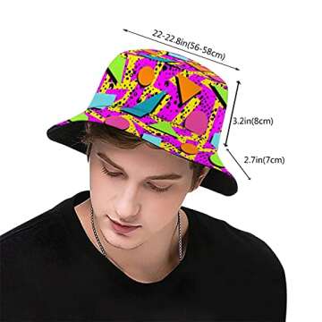 Vintage 80s Memphis Bucket Hats Fashion Sun Cap Packable Outdoor Fisherman Hat for Women and Men