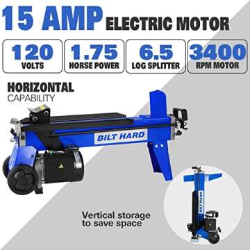 BILT HARD Log Splitter 6.5 Ton, Wood Splitter Electric Powered 15Amp, with Hydraulic Ram, Electric Firewood Splitting Machine, Horizontal