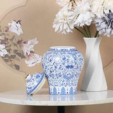 Chinese Ginger Jar with Lid Chinoiserie Antique Style,Home Decorative Retro Blue and White Porcelain Flowers Ceramic Covered Jar Vase,Traditional China Ming and Qing Style (Utmost Jar)