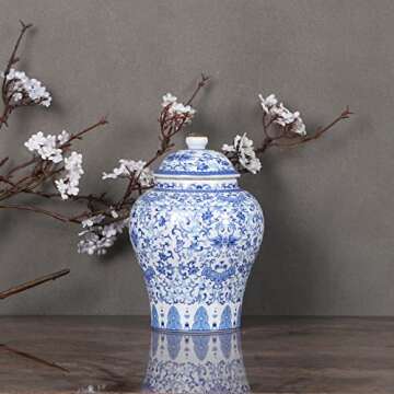 Chinese Ginger Jar with Lid Chinoiserie Antique Style,Home Decorative Retro Blue and White Porcelain Flowers Ceramic Covered Jar Vase,Traditional China Ming and Qing Style (Utmost Jar)