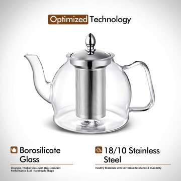 HIWARE Stovetop Safe 1000ml Glass Teapot with Infuser